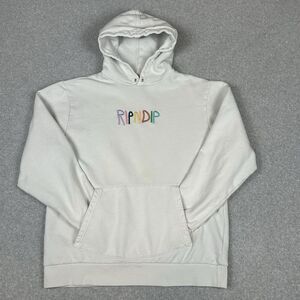 Ripndip Hoodie Men M White Sweatshirt Embroidered Rainbow Spellout Logo Kangaroo